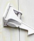 Close-up of White ABS Childproof Cabinet Lock with spring mechanism, part of 16 Pack Prevent Toddlers From Opening Cabinets