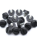 16 Piece Adjustable M6 Thread Leveling Feet With 20mm Base For Patio Chairs And Heavy Furniture Scratch Resistant Floor Protectors Zero Wobble Keeps Things Straight And Tight On Rough Wood Or Tile Floors Quick Install No Sweat black rubber leveling pads with M6 screws arranged in a pile.
