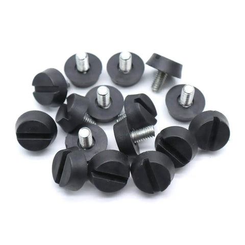 16 Piece Adjustable M6 Thread Leveling Feet With 20mm Base For Patio Chairs And Heavy Furniture Scratch Resistant Floor Protectors Zero Wobble Keeps Things Straight And Tight On Rough Wood Or Tile Floors Quick Install No Sweat black rubber leveling pads with M6 screws arranged in a pile.