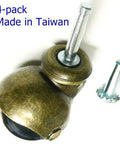 Heavy Duty Antique Brass Ball Casters With Run Slick PVC Rolling Wheels And Socket Stem Base, Pack Of Four, 70 Lb Load Rating Per Unit, Dead Smooth Double Bearing Furniture Glides, Tough As Nails Chair Leg Replacements - close-up view of a caster with socket stem.