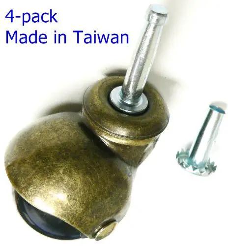 Heavy Duty Antique Brass Ball Casters With Run Slick PVC Rolling Wheels And Socket Stem Base, Pack Of Four, 70 Lb Load Rating Per Unit, Dead Smooth Double Bearing Furniture Glides, Tough As Nails Chair Leg Replacements - close-up view of a caster with socket stem.