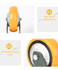 Heavy Duty Polyurethane Caster Wheels Running Butter Smooth With Dead Silent Foam Core And Rock Solid Locking Brakes For Heavy Workbenches Carts And Shop Furniture Rolling Swivel set view of yellow eight inch wheel with thickened bearing rivets.