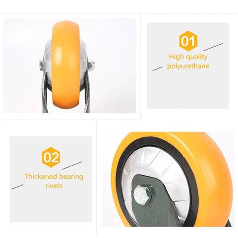 Heavy Duty Polyurethane Caster Wheels Running Butter Smooth With Dead Silent Foam Core And Rock Solid Locking Brakes For Heavy Workbenches Carts And Shop Furniture Rolling Swivel set view of yellow eight inch wheel with thickened bearing rivets.
