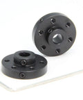 Two Pack Black Rigid Flange Shaft Couplings, Built Tough Universal Aluminum Mounting Hub For 6mm Shafts, showing design and screw holes.