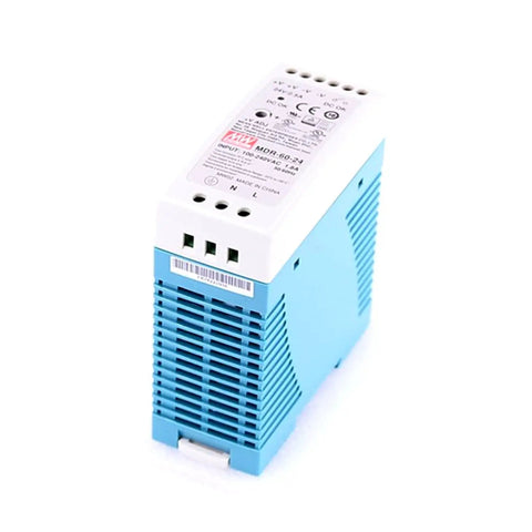Straight Up Heavy Duty AC DC Din Rail Power Supply 60 Watt 24 Volt with a blue housing for CCTV systems and access control.