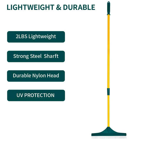 3 In 1 Turf Rake For Artificial Grass And Carpet Care With Adjustable 32 To 50 Inch Steel Handle Dense Nylon Tooth Brush Head For Quick Leaf Pet Hair And Debris Removal From Lawn Turf And Indoor Surfaces, shown with durable design features.
