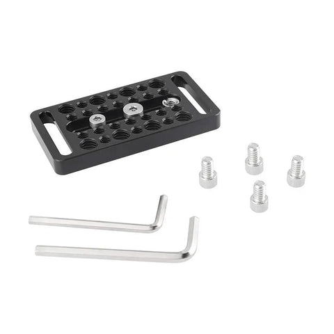 Universal Camera Cheese Plate Mounting Bracket With Quarter And Three Eighth Mounting Studs For Camera Cage showing aluminum plate, screws, and hex keys.