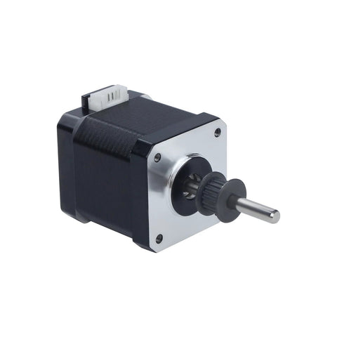 Front view of FYSETC Y-axis stepper motor for K1 Max, NEMA 17, black body with silver faceplate and pulley.