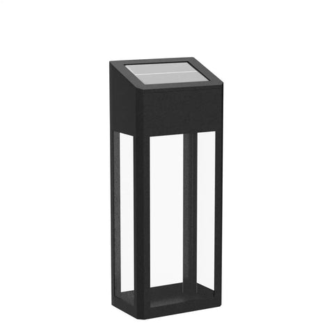 Solar Outdoor Lights 4 Pack with Metal Seeded Glass Fence and Wall Mounts Auto On Off Waterproof Yard Patio Porch Garden Decor Warm White and Color Changing Options for Ambience, showing a black metal frame with a solar panel top and seeded glass.