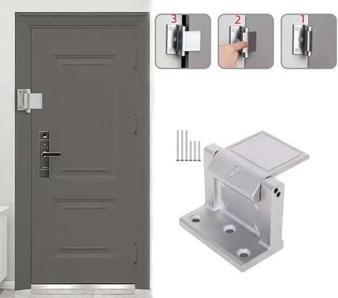 Heavy Duty Lockdown Door Reinforcer For Inswing Doors With Privacy Latch And Vent Gap Kickback Guard mounted on a gray door.