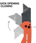 Klein Tools 44307 Flickblade folding utility knife, orange handle, quick-change triple-ground carbon steel blade