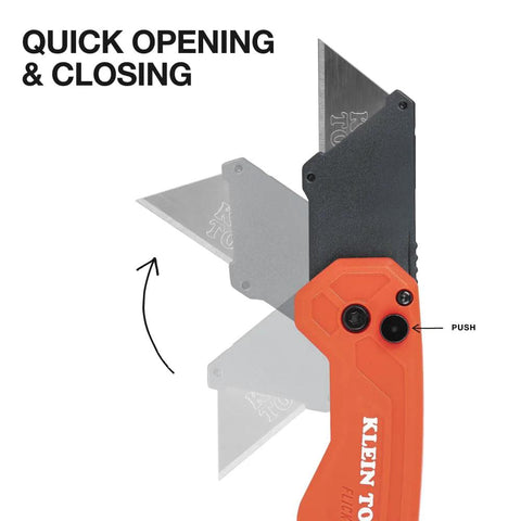 Klein Tools 44307 Flickblade folding utility knife, orange handle, quick-change triple-ground carbon steel blade