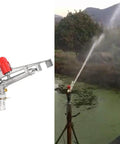 All Season Farm Irrigation Sprinkler With Adjustable Impact Spray Gun And Nozzle Set For Big Backyards featuring a rugged zinc build spraying water.