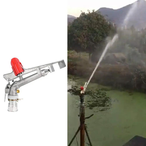 All Season Farm Irrigation Sprinkler With Adjustable Impact Spray Gun And Nozzle Set For Big Backyards featuring a rugged zinc build spraying water.