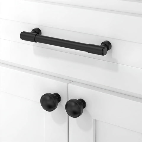 10 Pack Matte Black Cabinet Pulls 5 Inch 128mm Long Life Kitchen Cabinet Handles shown installed on white drawer