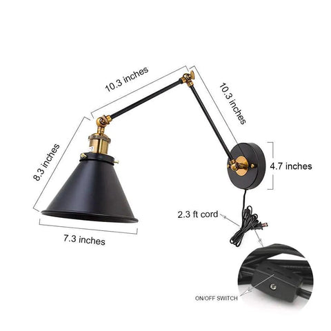 Black Swing Arm Wall Lamp With Antique Brass Finish, 2-in-1 Plug-In Or Hardwire Wall Sconce with adjustable arm and on/off switch