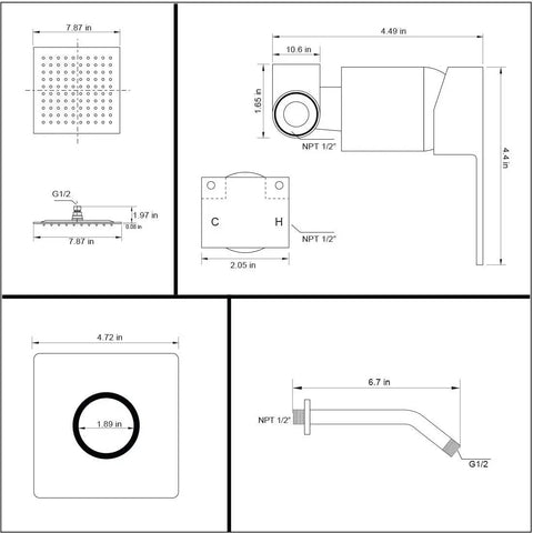Technical drawing of Oil Rubbed Bronze Shower Faucet Set With Wall Mounted Rainfall Shower System, dimensions included.