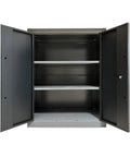 Tough As Nails Garage Workbench And Cabinet System With Locking Drawers, heavy duty steel cabinet with open doors and shelves.