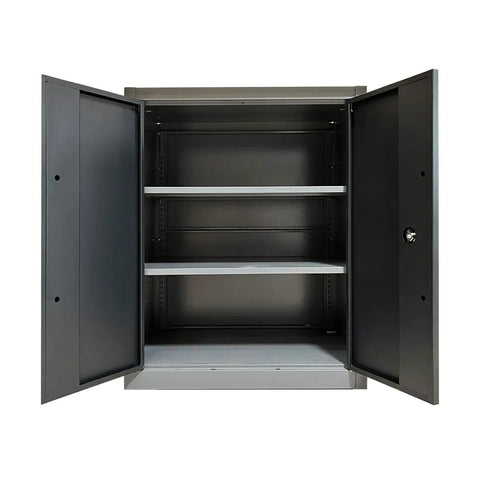 Tough As Nails Garage Workbench And Cabinet System With Locking Drawers, heavy duty steel cabinet with open doors and shelves.
