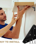 Set Of Four Heavy Duty Corner Brace Brackets With Screws For Reinforcing Furniture Cabinets Bookshelves And Tables Right Angle Shelf Supports demonstrated in use during installation.