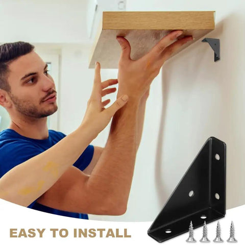 Set Of Four Heavy Duty Corner Brace Brackets With Screws For Reinforcing Furniture Cabinets Bookshelves And Tables Right Angle Shelf Supports demonstrated in use during installation.