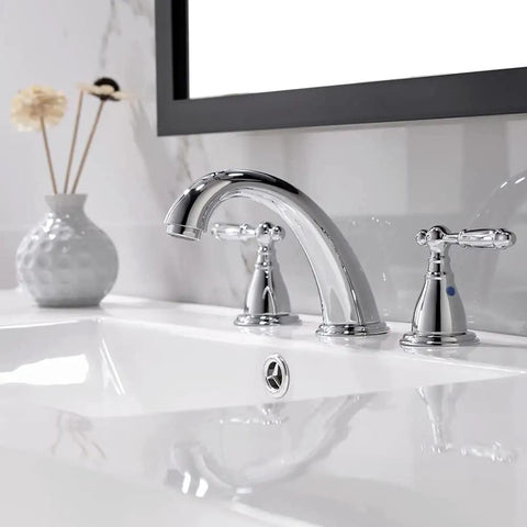 Chrome 8 Inch Widespread Bathroom Faucet With Metal Pop Up Drain Lead Free 3 Hole Lavatory Faucet For Sink Vanity Use WF0084C