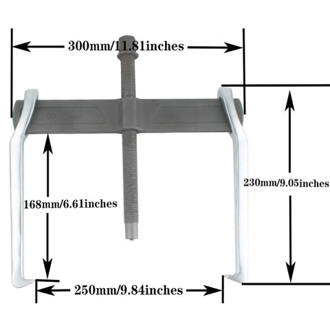 12 Inch Two Jaw Gear Puller With Reversible Claws For Pulley Flywheel And Bearing Removal, highlighting dimensions and steel construction.