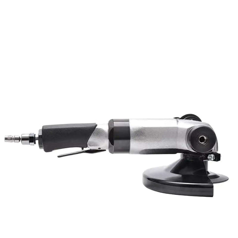 Heavy Duty Pneumatic Angle Grinder Built For Super Tough Grinding And Polishing Projects On Steel Or Aluminum side view with black grip.