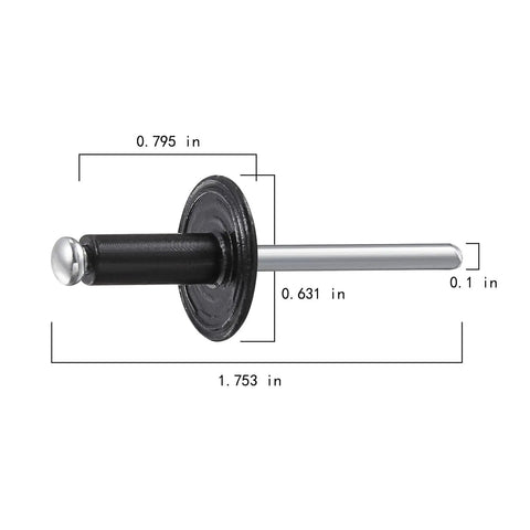 Dead Set Heavy Duty Black Aluminum Pop Rivets 3/16 X 1/2 Inch showing dimensions and design details for easy installation.