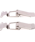 Close-up of two stainless steel draw toggle latches from the Rock Solid 20 Piece Stainless Steel Spring Loaded Draw Toggle Latch Set.
