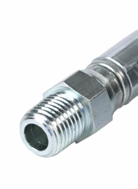 Close-up of solid metal end fitting on Beefy Four Thousand Four Hundred PSI Sewer Jetter Hose One Quarter Inch By Two Hundred Feet Thermoplastic