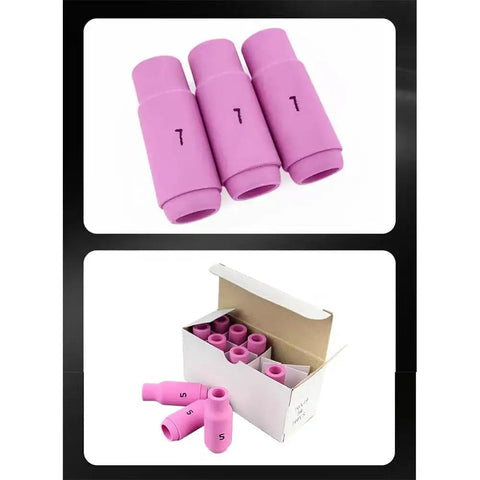 Top Grade 10-Piece Alumina Ceramic TIG Welding Cups Fits WP-17/18/26 set displaying pink ceramic cups in a box and individually.