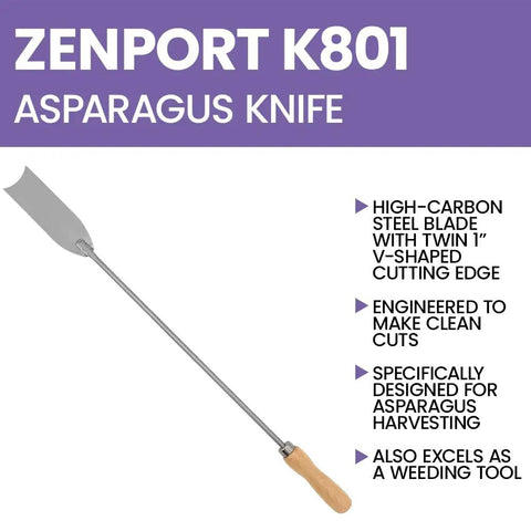 Zenport K801 Asparagus Knife with high-carbon steel blade, 25 inch total length, wooden handle, designed for harvesting and weeding.