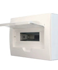 Heavy Duty 12 Way Din Rail Circuit Breaker Box With Rugged Stainless Steel Enclosure For Zero Headache Wiring And Smooth Power Distribution Setup That Rocks For Any Garage Rig side view of white polycarbonate cover open