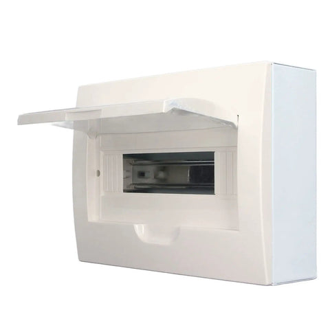 Heavy Duty 12 Way Din Rail Circuit Breaker Box With Rugged Stainless Steel Enclosure For Zero Headache Wiring And Smooth Power Distribution Setup That Rocks For Any Garage Rig side view of white polycarbonate cover open
