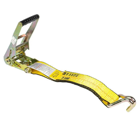 Yellow 2 Inch 30 Foot Ratchet Tie Down Strap with Wire Hook, part of a Heavy Duty 10 Pack, showing break strength details.