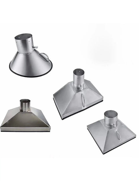 Heavy Duty Stainless Steel Fume Hood For Welding Smoke Extraction And Workshop Dust Collection Featuring 152Mm Pipe Fit showing various angles of metal hoods.