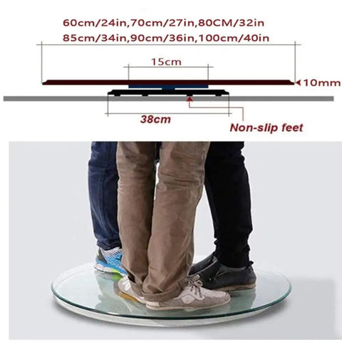 Diagram and standing test of 8mm Tempered Glass Lazy Susan Turntable Serving Tray For Restaurants And Banquets Rotating Tabletop.