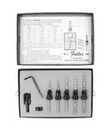 Professional Countersink And Taper Drill Bit Set For Five Through Nine Wood Screws Featuring Heat Treated Steel And Four Flute Cutters in case.
