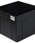 Black plastic square container with textured sides and label. Compact, durable storage solution for various items.
