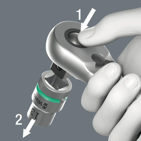 Close-up of hand using Zyklop Metric Ratchet Set With Push Through Square 28 Piece One Quarter Inch Drive Slim Metal Ratchet With Long Lever