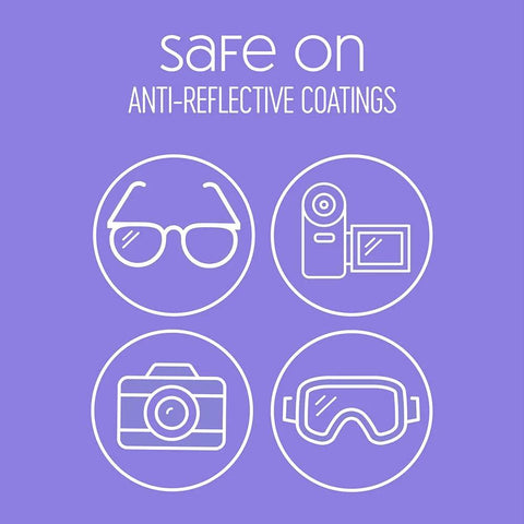 Nice 'n Clean SmudgeGuard lens cleaning wipes icons on purple background: glasses, camera, and goggles.