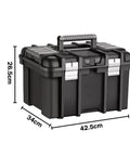 Top Shelf Folding Portable Stainless Steel Tool Box And Multifunctional Organizer Set Heavy Duty Garage Storage For Cars And Workshops Built Tough With Wide Open Access And No Fuss, black toolbox, dimensions shown.