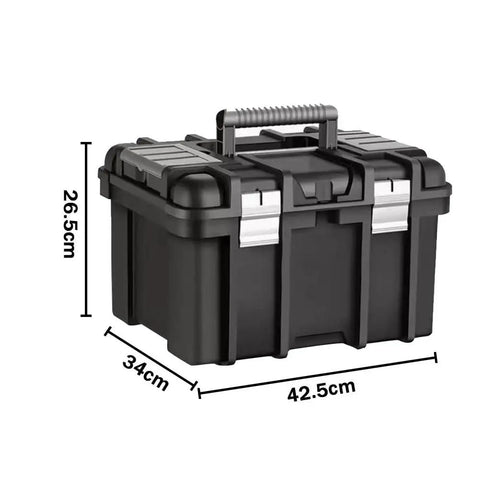 Top Shelf Folding Portable Stainless Steel Tool Box And Multifunctional Organizer Set Heavy Duty Garage Storage For Cars And Workshops Built Tough With Wide Open Access And No Fuss, black toolbox, dimensions shown.