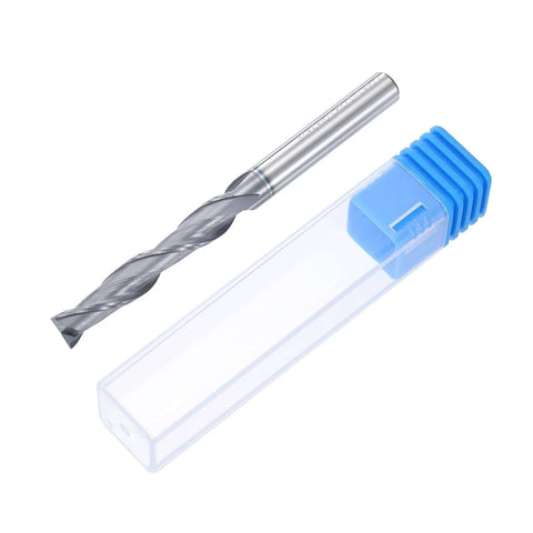 HARFINGTON spiral router bit, 1/4 in shank, up-cut 2-flute carbide, 1-1/2 in cut length, AlTiN coated, blue-capped storage case