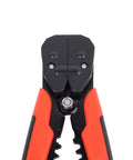 Red Automatic Wire Stripping And Crimping Pliers, High Carbon Steel Multi Functional Cable Cutting Tool, jaws and grips visible.