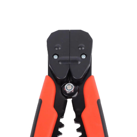Red Automatic Wire Stripping And Crimping Pliers, High Carbon Steel Multi Functional Cable Cutting Tool, jaws and grips visible.
