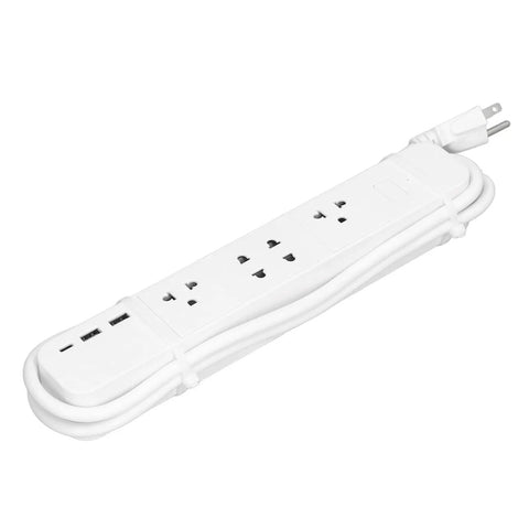 Kickass Smart Power Strip Featuring Four AC Outlets USBC Fast Charger BLE Remote Switch with white finish and multiple sockets.