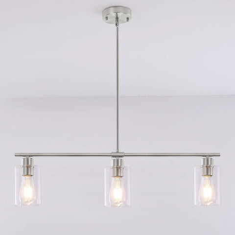 Three Light Kitchen Island Pendant In Brushed Nickel With Glass Shade, 31 Inch Modern Linear Chandelier, ceiling view