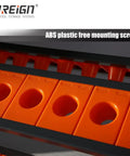 Close-up of 8 Row Large Capacity CNC Tool Holder Rack ABS grip holes, part of storage cabinet system for workshops and garages.
